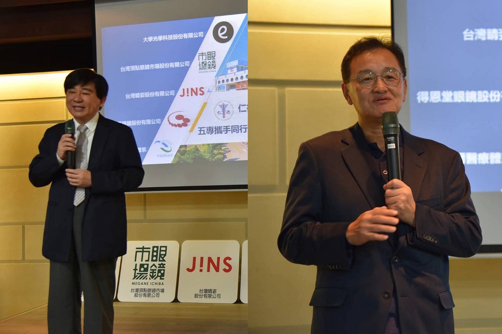 諾貝爾醫療體系執行長張朝凱教授(圖左)表示期待在AI醫療與AR眼鏡等領域攜手育才；台灣頂點眼鏡市場高村德弘董事長(圖右)指將深化產學合作，並捐贈耗材支持實作教學。(圖/仁德醫專提供)