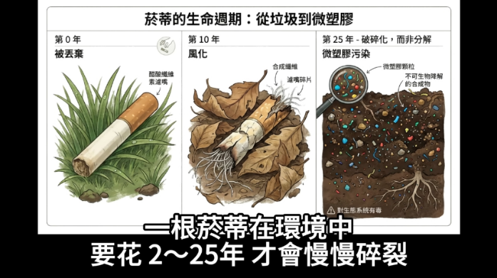 Cheap指出，菸蒂約需10年才開始風化，到25年才會逐漸碎裂成更細微的塑膠碎片。圖片來源:取自Cheap影片