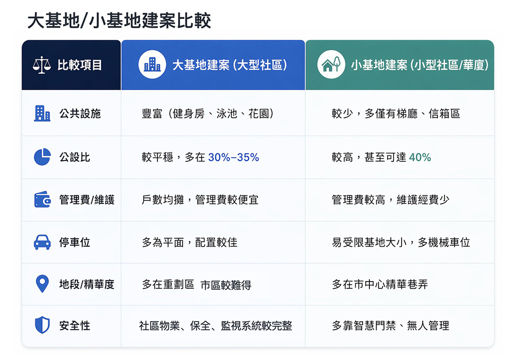 大基地建案通常具備較完整的公共設施與較佳管理效益；小基地建案雖多位於傳統市區，但受限基地規模但公設比與管理成本相對較高。圖表/業者提供