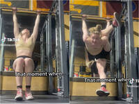 危險！女子「抖音挑戰」慘卡槓鈴上 四肢扭曲表情超驚恐