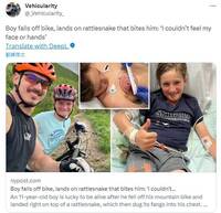 美國男童騎單車「摔在響尾蛇身上」 連注16瓶血清急救