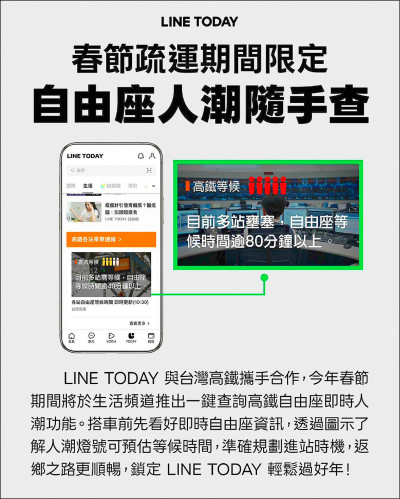 高鐵自由座秀燈號 避尖峰人潮／與LINE TODAY合作推出春節限定服務