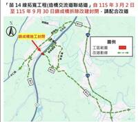 配合國1增建造橋交流道 苗14線拓寬「錦成橋」3/2起封閉214天
