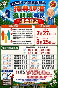 花蓮瑞穗鄉下個月發3000元 時間地點看這邊
