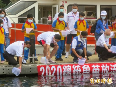 膝蓋「卡卡」？ 馬英九泳渡放魚苗「蹲不下去」