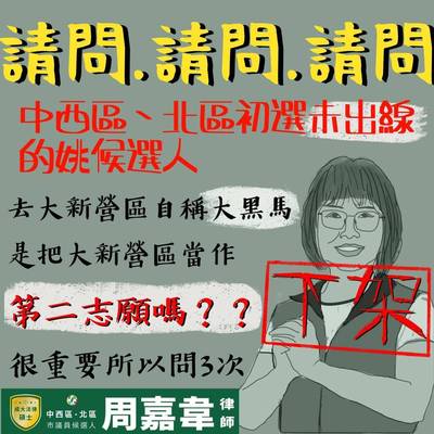 市議員選舉爆煙硝味！台南新人看板「三問」 昔對手嗆根本「烏賊」