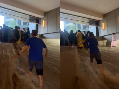 左營桃子園路變黃河大水灌入地下室 住戶肉身擋水畫面曝