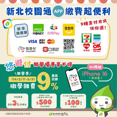 開學季繳學費 新北校園通APP指定方式繳費可享回饋、抽iPhone