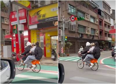 誇張！屁孩「3貼騎Youbike」沿路亂叫 網怒：連腦子都共享
