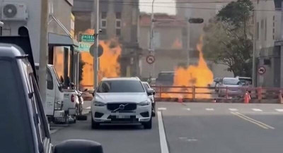 嘉縣太保天然瓦斯管線被挖斷 熊熊火焰燃燒畫面驚人