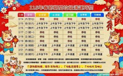 金門春節倒垃圾注意  2/14情人節、初一到初三停收