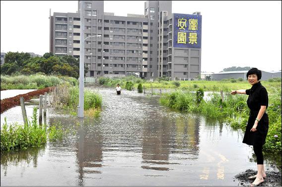 林口區南勢一街雨後積水嚴重，新北市議員蔡淑君和南勢里里長陳國烝質疑排水溝根本沒有發揮功能。（記者蔡百靈攝）