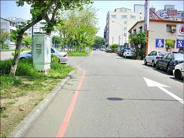 金山路的慢車道左側在永康一街以南畫紅線，以北畫白線，民眾以為白線可停車，結果卻被拖吊。（記者余雪蘭攝）