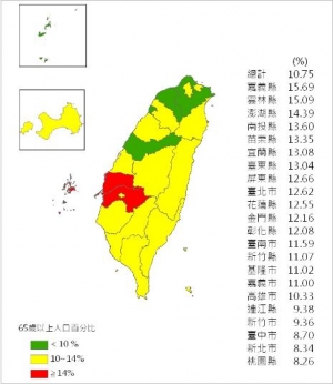 圖為我國100年5月底各縣市65歲以上人口百分比，最老的縣市為嘉義縣、雲林縣和澎湖縣，老年人口比例均超過14%。(內政部戶政司)