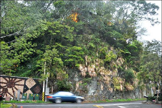 何姓男子墜落在苗62線道路上（圖中汽車行經處），他投宿的小木屋就在圖中山頂上的樹林內。（記者傅潮標攝）