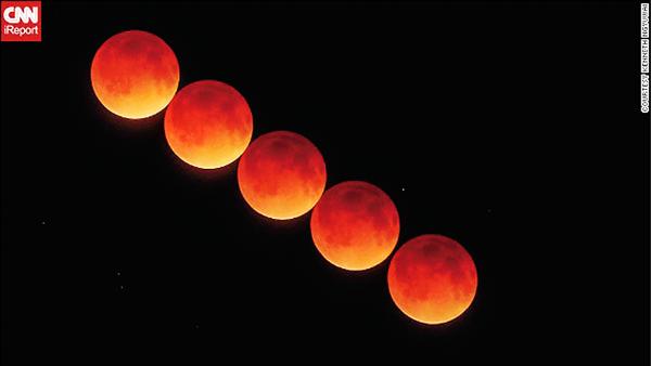 月全蝕約75分鐘，食甚階段出現俗稱「血月」（blood moon）現象。（CNN）