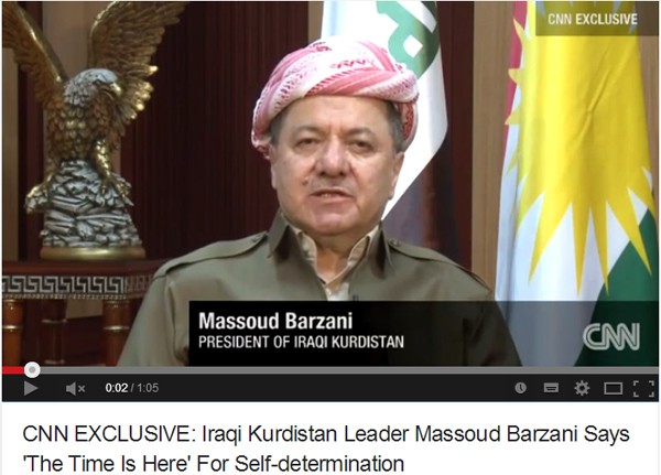 庫德族自治政府主席巴札尼（Massoud Barzani）在接受美國有線電視新聞網（ＣＮＮ）的獨家專訪時卻說，庫德族尋求自決的時機已至，傳達出歷來最強烈的宣布獨立訊息。（畫面擷取自youtube）