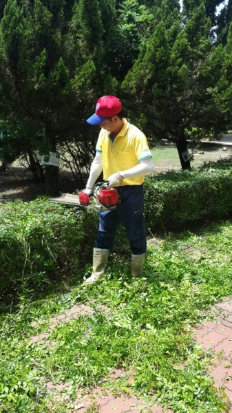 鹿草國小校長吳宗成親自除草。（記者吳世聰翻攝）