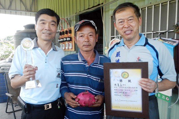 集集鎮長嚴鴻邦（右）與鎮農會總幹事李崇慶（左）向果農陳憲義（中）道賀榮獲今年全國紅龍果評鑑白肉組冠軍。（記者陳信仁攝）