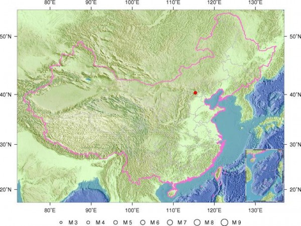 今天傍晚6時37分，河北省張家口市涿鹿縣（北緯40.3度，東經115.4度）發生規模4.3地震，震源深度僅10公里。（圖片取自中國地震台網中心）