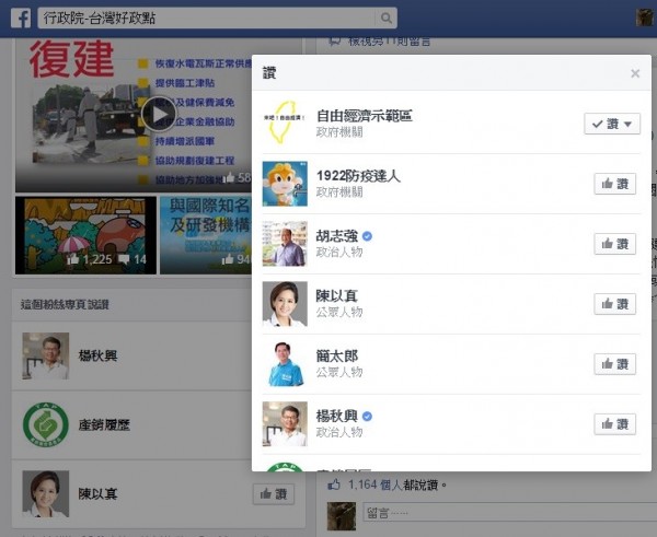 行政院的官方臉書「行政院-台灣好政點」，也按了國民黨參選人胡志強、陳以真、簡太郎、楊秋興等人的讚，遭質疑違反行政中立。（記者曾韋禎攝）