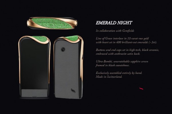 「Emerald Night」手機僅生產19支，以18克拉的玫瑰金和400顆明亮型切割的祖母綠寶石裝飾。（圖擷取自Savelli網站）