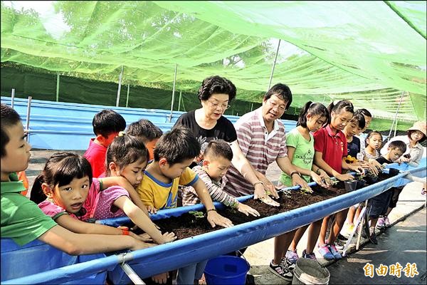 七股大文國小學童一起將草莓幼苗種入土中，預約甜美果實。（記者劉婉君攝）