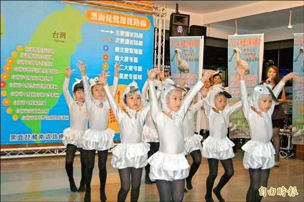 2014黑面琵鷺保育季週日登場，幼兒表演黑琵舞，歡迎全國民眾一起到七股逍遙遊。（記者王涵平攝）