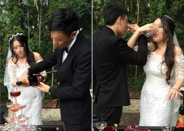 中國一名20多歲的女子與大她11歲的已婚人夫的婚外情露餡，在分手前，兩人竟舉行一場分手派對，不僅穿婚紗、交換戒指，還一起喝交杯酒。（擷取自《東網》）