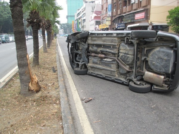 汽車偏向衝上分隔島，撞到路樹（左）後側翻。（記者洪定宏翻攝）