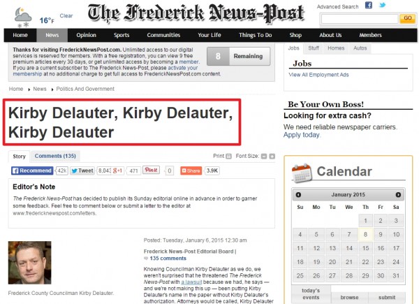 弗瑞德里克新聞郵報在社論標題唱名3次，嘲諷威脅他們的議員。（圖擷取自弗瑞德里克新聞郵報網站）