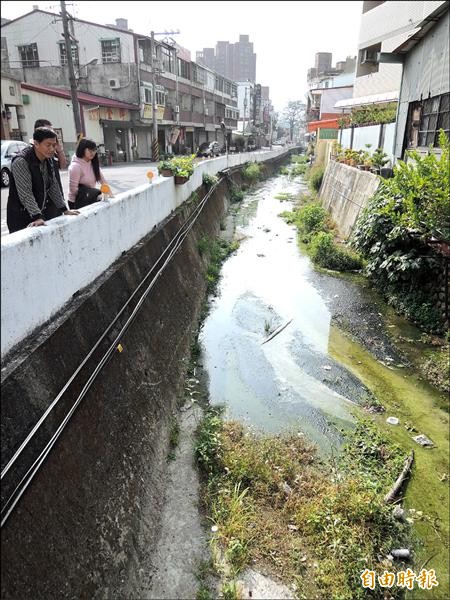 北屯路二九八巷大排（北屯圳支流）上游阻塞不進水，只剩家庭污水排入成死水，骯髒惡臭。（記者蔡淑媛攝）