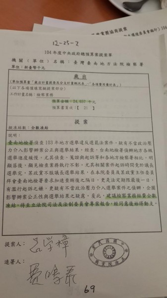 這份由國民黨立委呂學樟提出的預算案，內容指出台南地檢署偵查地方選舉賄選案，疑有不當政治壓力介入，企圖影響辦案公正與選舉結果，因而建議全數凍結台南地檢署的預算。（圖擷取自林淑芬臉書）