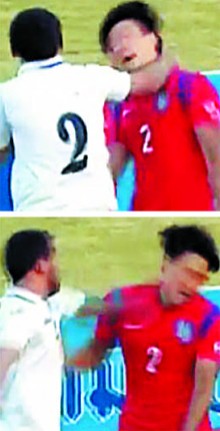 南韓(紅衣)選手遭烏茲別克選手以左、右拳連續暴打。(圖擷取自english.chosun.com) 南韓(紅衣)選手遭烏茲別克選手以左、右拳連續暴打。(圖擷取自english.chosun.com)