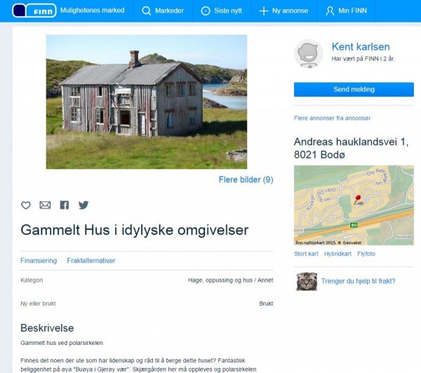 屋主卡爾森（Kent Karlsen），日前在挪威的拍賣網站上Finn.no上，用僅1挪威克朗（約新台幣4元）售出一棟位在北極圈邊緣的渡假屋。（圖取自Finn.no）