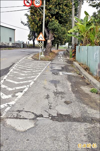 嘉義縣水上鄉綠色隧道機踏車專用道路面崎嶇不平，近3個月造成6起車禍事故。（記者吳世聰攝）