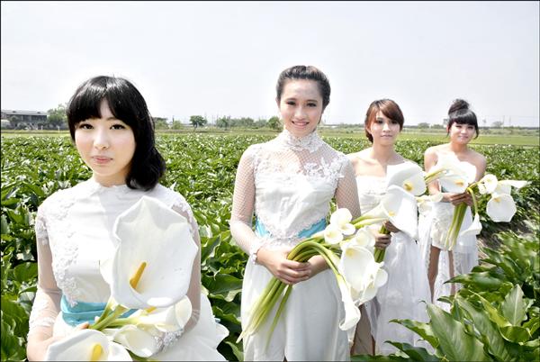 宣傳海芋節，頭城家商學生將穿婚紗、手持海芋花走秀。（記者朱則瑋攝）