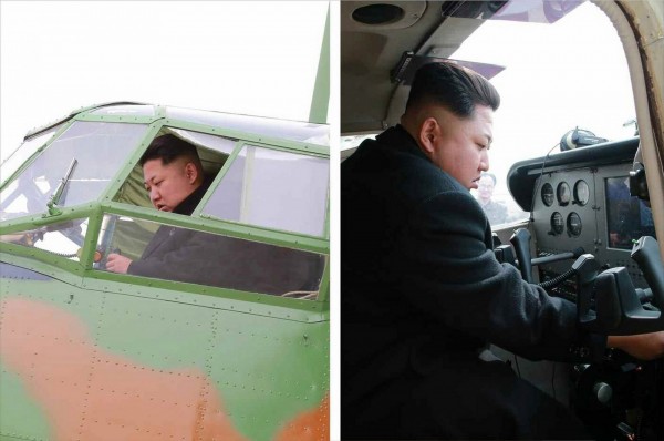北韓媒體釋出金正恩視察軍工廠，並親自開飛機的畫面。（歐新社）