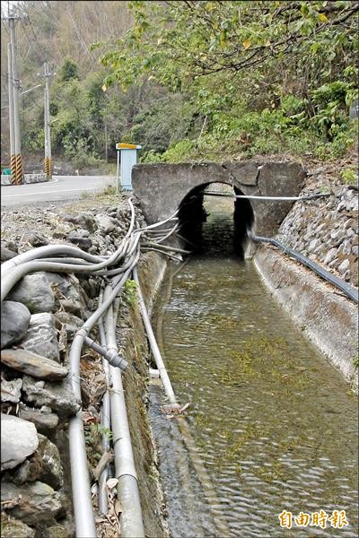 二峰圳的水溝渠道水量可以達近兩米，現在僅剩十五公分。（記者邱芷柔攝）