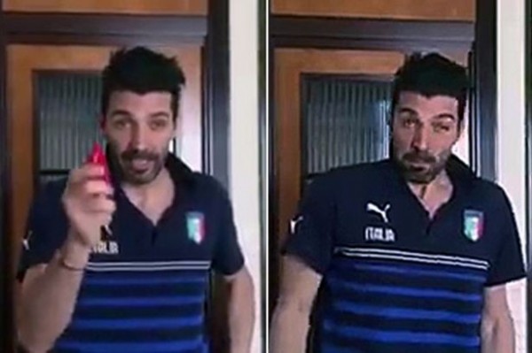 義大利金牌門將布馮（Gianluigi Buffon）接受布比挑戰，大嗑辣椒。（圖片擷取自鏡報）