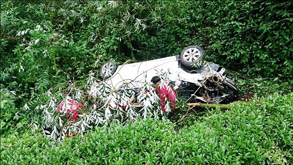 鄭姓夫妻駕車不慎墜谷，連人帶車翻落350公尺深茶園，警消獲報趕赴救援。 （記者劉濱銓翻攝）