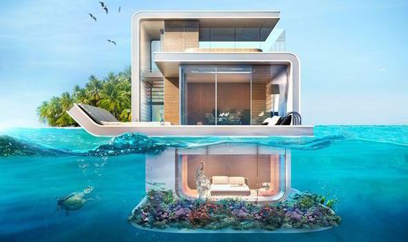 杜拜建商打算興建海上漂浮別墅，將有樓層深入海中，讓人們在屋內也能飽覽海底美景。（圖擷取《每日快報》）