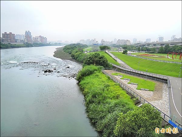 永福橋下游東側的沙洲，淤積20年變成河濱公園。（記者翁聿煌攝）