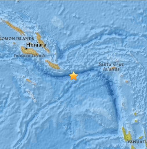 索羅門群島（Solomon Islands）今天發生芮氏規模6.8的強震。（圖片擷取自美國地質調查局）