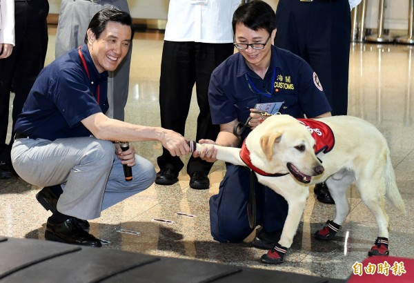 馬英九（左）總統13日視察桃園國際機場，觀賞海關緝毒犬演練行李轉盤上搜索毒品後，與緝毒犬握手。（記者朱沛雄攝）