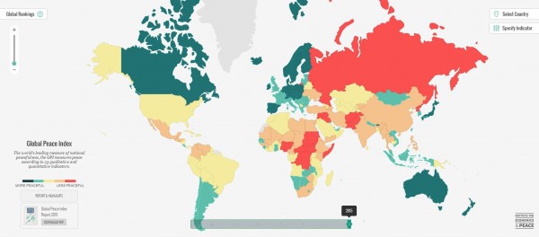 經濟與和平研究所公布2015全球和平指數排行，前20名的國家多數為歐洲國家，而台灣則名列第35。（圖擷取自2015全球和平指數網站）