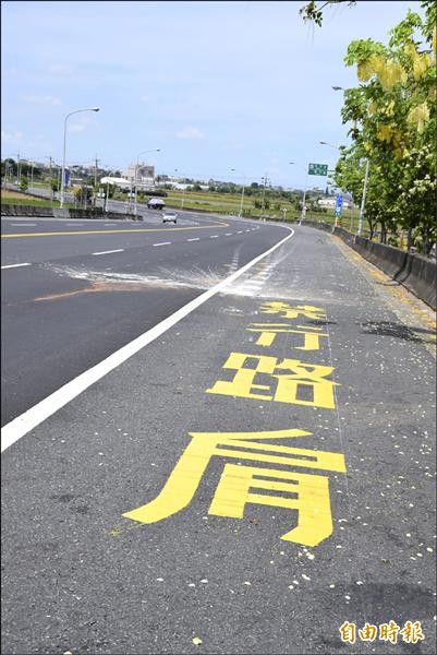 最近一六七線鹿草段劃設六處「禁行路肩」，引起民眾議論，工務段表示，應是要劃設「槽化線」，將要求抹除改正。（記者吳世聰攝）