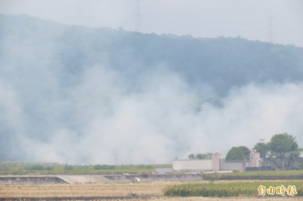 南投地區稻田今天出現露天焚燒稻草情形，濃煙瀰漫。（記者張協昇攝）