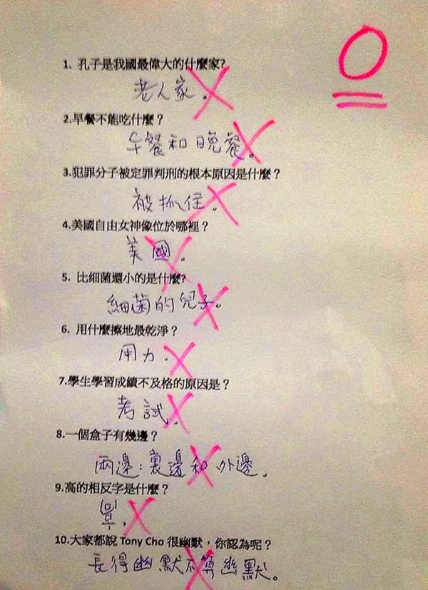 LINE群組今日瘋傳的0分試卷照，補習班老師推測是網友自己搞KUSO自問自答試卷。（記者陳鳳麗翻攝）