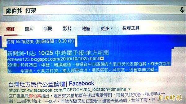 因搜尋引擎特性，讓兩則不相干的新聞被串在一起，第二屆大里區立仁里長候選人范植汴根據此搜尋結果散發烏龍文宣，被依違反選罷法起訴。（記者楊政郡攝）